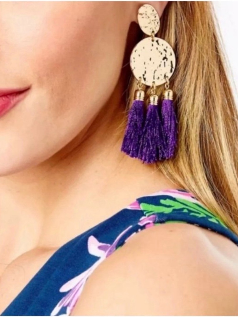 LILLY PULITZER EARRINGS in MERMAID GROTTO with Hammered
Gold Tone Purple Tassel.